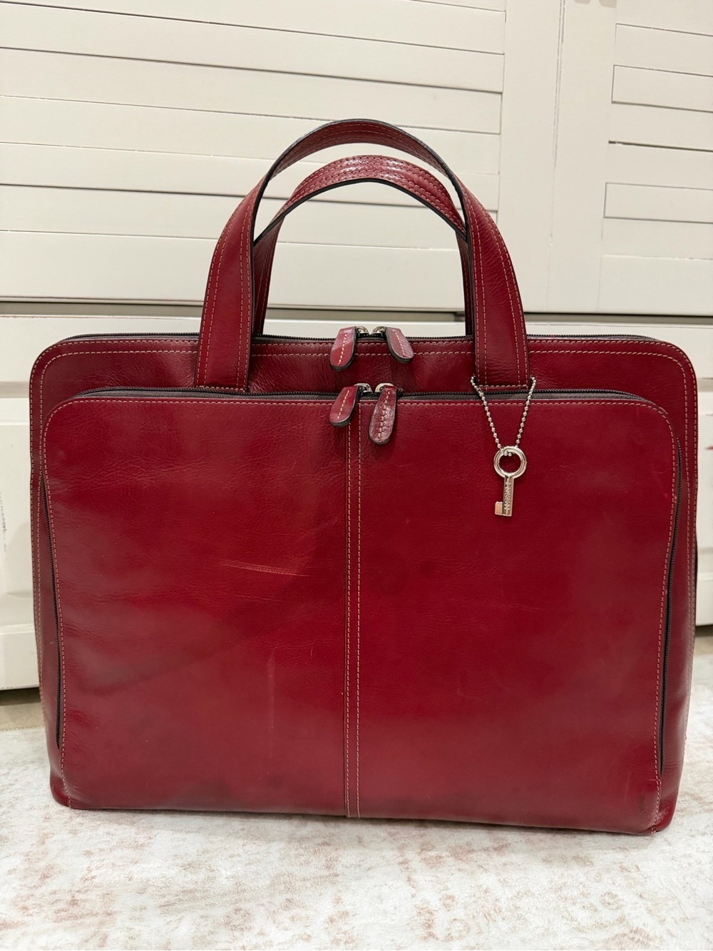 Fossil Red Burgandy Leather Laptop Briefcase Work Bag Double Zip Key Charm